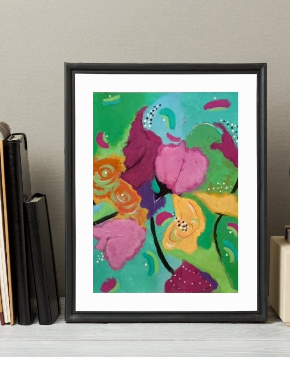 Original Abstract Floral Art  in Teal, Purple, Pink and Yellow Floral Burst